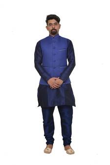 Mag Men's Nevy Blue Matching silk Kurta Churidhar With Royal Blue Joot Waistcoat