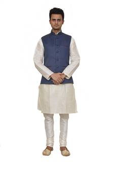 Mag Men's white Matching silk Kurta Churidhar With Blue Joot Waistcoat