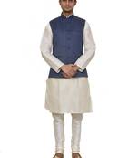 Mag Men's white Matching silk Kurta Churidhar With Blue Joot Waistcoat