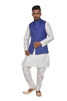 Mag Men's White Matching silk Kurta Churidhar With Royal Blue Joot Waistcoat