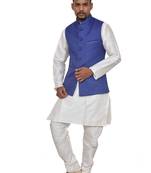 Mag Men's White Matching silk Kurta Churidhar With Royal Blue Joot Waistcoat