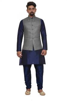 Mag Men's Nevy Blue Matching silk Kurta Churidhar With Gray 1st Joot Waistcoat