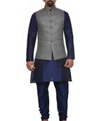 Mag Men's Nevy Blue Matching silk Kurta Churidhar With Gray 1st Joot Waistcoat