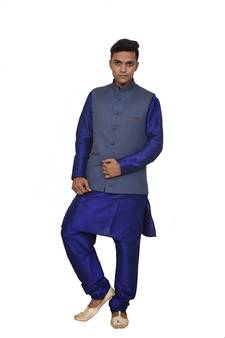 Mag Men's Royal Blue Matching silk Kurta Churidhar With Nevy Blue Joot Waistcoat