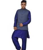 Mag Men's Royal Blue Matching silk Kurta Churidhar With Nevy Blue Joot Waistcoat