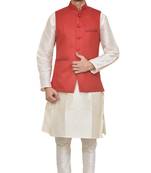 Mag Men's white  Matching silk Kurta Churidhar With Red Joot Waistcoat