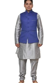 Mag Men's Silver Matching silk Kurta Churidhar With Royal Blue Joot Waistcoat