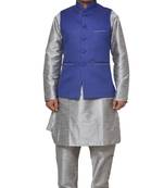Mag Men's Silver Matching silk Kurta Churidhar With Royal Blue Joot Waistcoat
