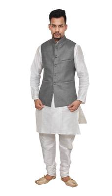Mag Men's White Matching silk Kurta Churidhar With Gray 1st Joot Waistcoat 1