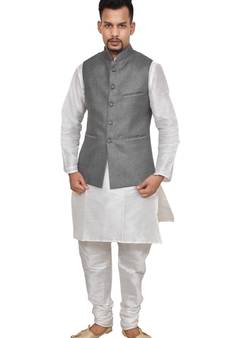 Mag Men's White Matching silk Kurta Churidhar With Gray 1st Joot Waistcoat