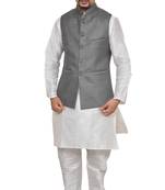 Mag Men's White Matching silk Kurta Churidhar With Gray 1st Joot Waistcoat
