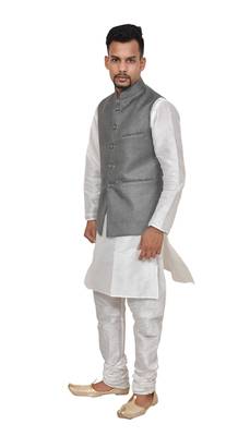 Mag Men's White Matching silk Kurta Churidhar With Gray 1st Joot Waistcoat 2