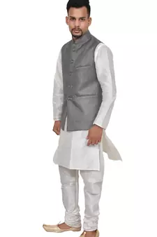 Mag Men's White Matching silk Kurta Churidhar With Gray 1st Joot Waistcoat