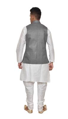 Mag Men's White Matching silk Kurta Churidhar With Gray 1st Joot Waistcoat 3