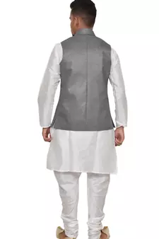 Mag Men's White Matching silk Kurta Churidhar With Gray 1st Joot Waistcoat