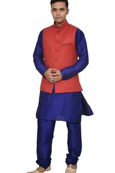 Mag Men's Royal Blue Matching silk Kurta Churidhar With Red Joot Waistcoat