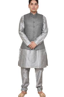 Mag Men's White Matching silk Kurta Churidhar With Gray 1st Joot Waistcoat