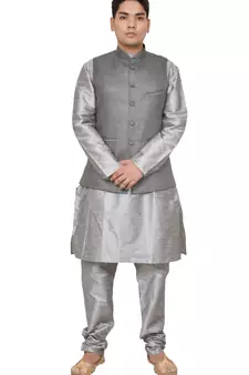Mag Men's White Matching silk Kurta Churidhar With Gray 1st Joot Waistcoat