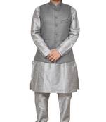 Mag Men's White Matching silk Kurta Churidhar With Gray 1st Joot Waistcoat