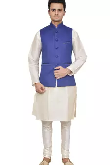 Mag Men's white Matching silk Kurta Churidhar With Royal Blue Joot Waistcoat