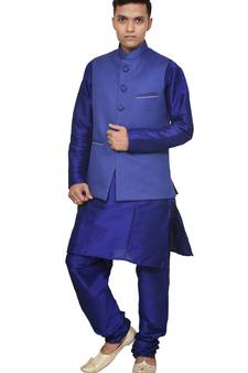 Mag Men's Royal Blue Matching silk Kurta Churidhar With Royal Blue Joot Waistcoat