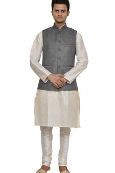 Mag Men's white Matching silk Kurta Churidhar With Gray 1st Joot Waistcoat