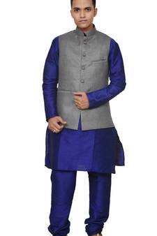 Mag Men's Royal Blue Matching silk Kurta Churidhar With Gray 1st Joot Waistcoat