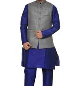 Mag Men's Royal Blue Matching silk Kurta Churidhar With Gray 1st Joot Waistcoat