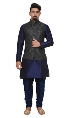 Mag Men's Nevy Blue Matching silk Kurta Churidhar With Black 1st Waistcoat 1