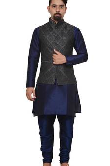 Mag Men's Nevy Blue Matching silk Kurta Churidhar With Black 1st Waistcoat