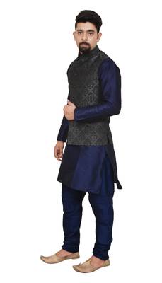Mag Men's Nevy Blue Matching silk Kurta Churidhar With Black 1st Waistcoat 2