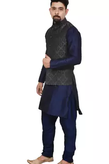 Mag Men's Nevy Blue Matching silk Kurta Churidhar With Black 1st Waistcoat