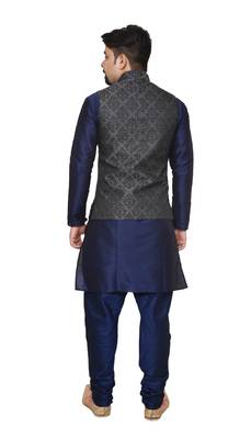 Mag Men's Nevy Blue Matching silk Kurta Churidhar With Black 1st Waistcoat 3