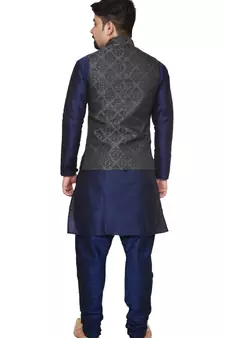 Mag Men's Nevy Blue Matching silk Kurta Churidhar With Black 1st Waistcoat