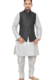 Mag Men's White Matching silk Kurta Churidhar With Black 1st Waistcoat