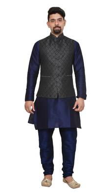 Mag Men's Nevy Blue Matching silk Kurta Churidhar With Black 2nd Waistcoat 1