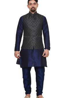 Mag Men's Nevy Blue Matching silk Kurta Churidhar With Black 2nd Waistcoat