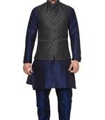 Mag Men's Nevy Blue Matching silk Kurta Churidhar With Black 2nd Waistcoat