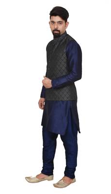 Mag Men's Nevy Blue Matching silk Kurta Churidhar With Black 2nd Waistcoat 2