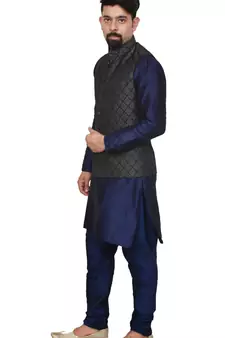 Mag Men's Nevy Blue Matching silk Kurta Churidhar With Black 2nd Waistcoat