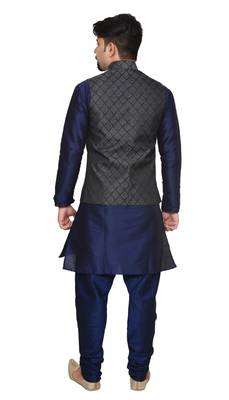 Mag Men's Nevy Blue Matching silk Kurta Churidhar With Black 2nd Waistcoat 3