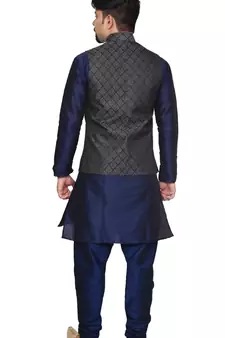 Mag Men's Nevy Blue Matching silk Kurta Churidhar With Black 2nd Waistcoat