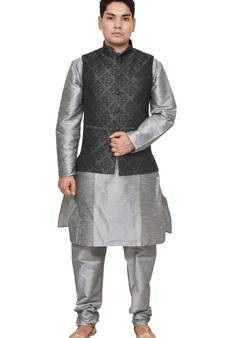 Mag Men's Silver Matching silk Kurta Churidhar With Black 1st Waistcoat