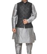 Mag Men's Silver Matching silk Kurta Churidhar With Black 1st Waistcoat