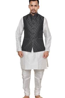 Mag Men's White Matching silk Kurta Churidhar With Black 2nd Waistcoat