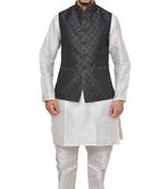 Mag Men's White Matching silk Kurta Churidhar With Black 2nd Waistcoat