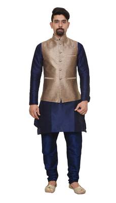 Mag Men's Nevy Blue Matching silk Kurta Churidhar With Gold 2nd Waistcoat 1