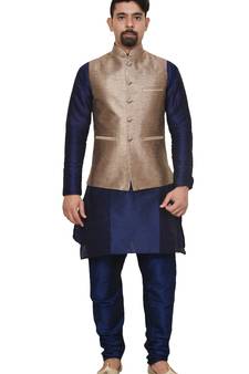 Mag Men's Nevy Blue Matching silk Kurta Churidhar With Gold 2nd Waistcoat