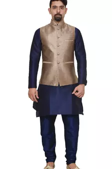 Mag Men's Nevy Blue Matching silk Kurta Churidhar With Gold 2nd Waistcoat