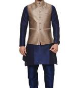 Mag Men's Nevy Blue Matching silk Kurta Churidhar With Gold 2nd Waistcoat
